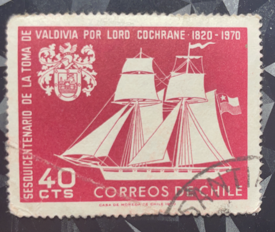 Sesquicentenaire de la prise de Valdivia par Lord Cochrane — Navire de guerre Intrépido et blason de la ville