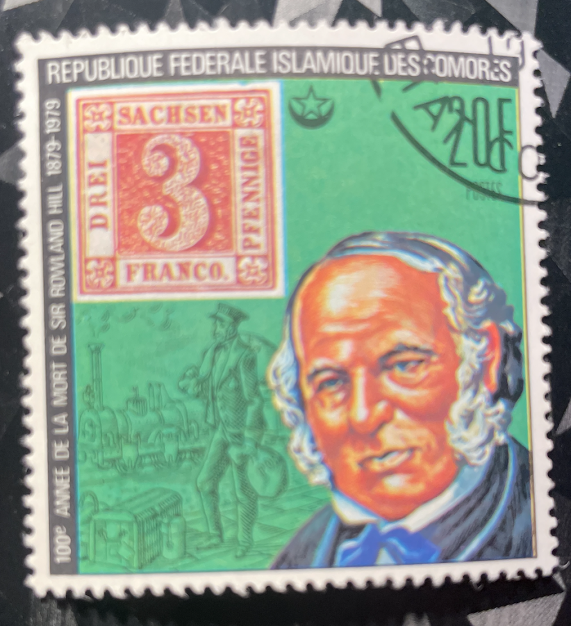 Série commémorative du 100e anniversaire de la mort de Sir Rowland Hill : Portrait de Sir Rowland Hill, locomotive à vapeur et reproduction du timbre "Sachsendrei"