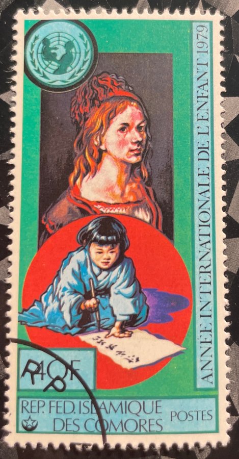 Émission commémorative "Année Internationale de l'Enfant – L'Art et la Jeunesse" avec l'autoportrait d'Albrecht Dürer et un enfant pratiquant la calligraphie